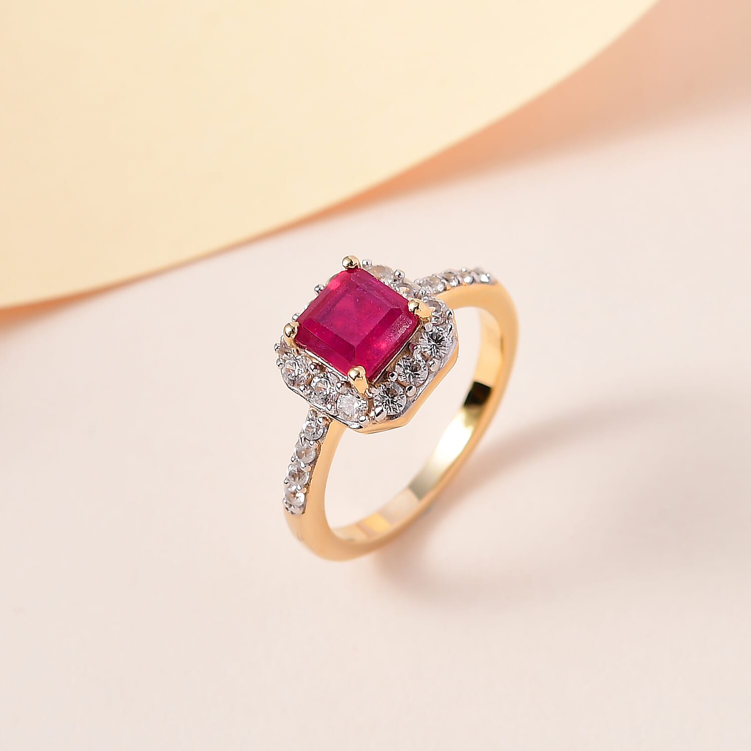 Asscher Cut African Ruby (Oct 6x6mm) & Natural Zircon Ring in 18K Vermeil Yellow Gold Plated Sterling Silver 2.46 Ct.